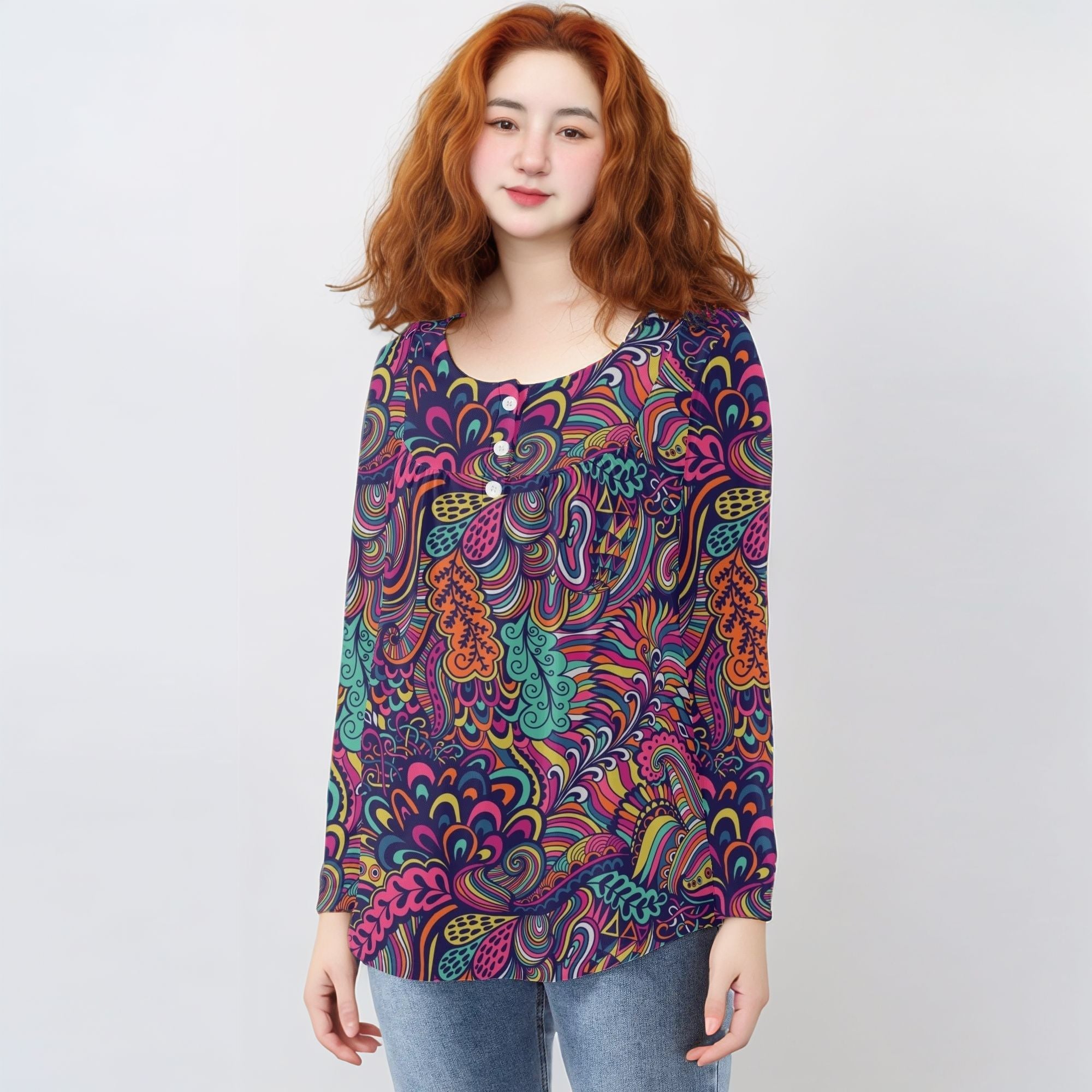 Colorful Long Sleeve Shirt with Retro Psychedelic Paisley Pattern, Boho Fashion Top Pleated Babydoll Blissfully Brand