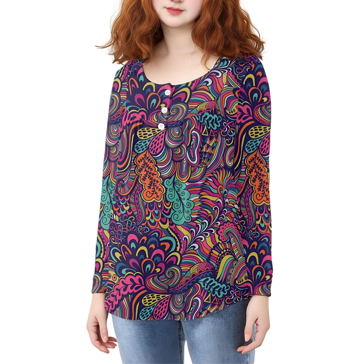 Colorful Bohemian Psychedelic Paisley Pattern Long-Sleeve Blouse Pleated Top Round Neck Blissfully Brand