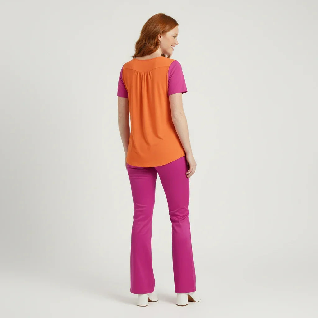 Juhla Color Block Scoop Neck Tunic Top with Button Detail