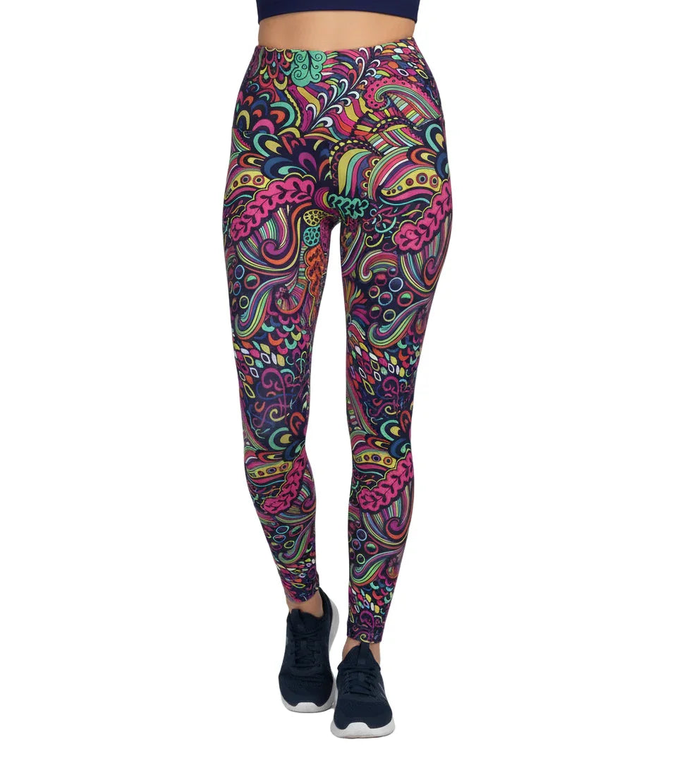 Vibrant Juhla print performance yoga leggings with psychedelic patterns in pink, blue, and green, high-waisted, stretchy activewear for yoga and workouts - Blissfully Brand