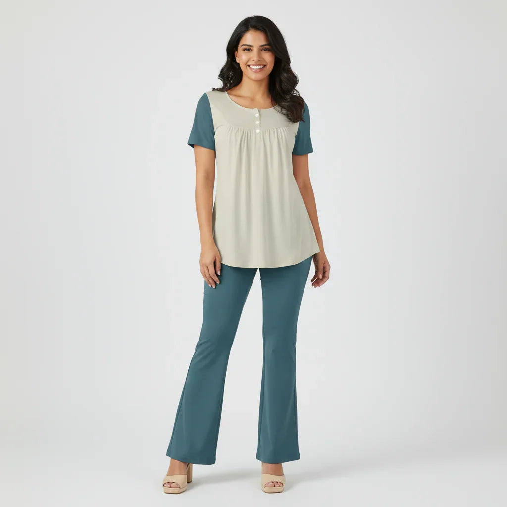 Kalei Two-Tone Scoop Neck Tunic Top with Button Detail