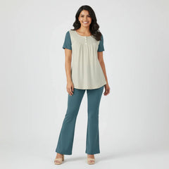 Kalei Two-Tone Scoop Neck Tunic Top with Button Detail