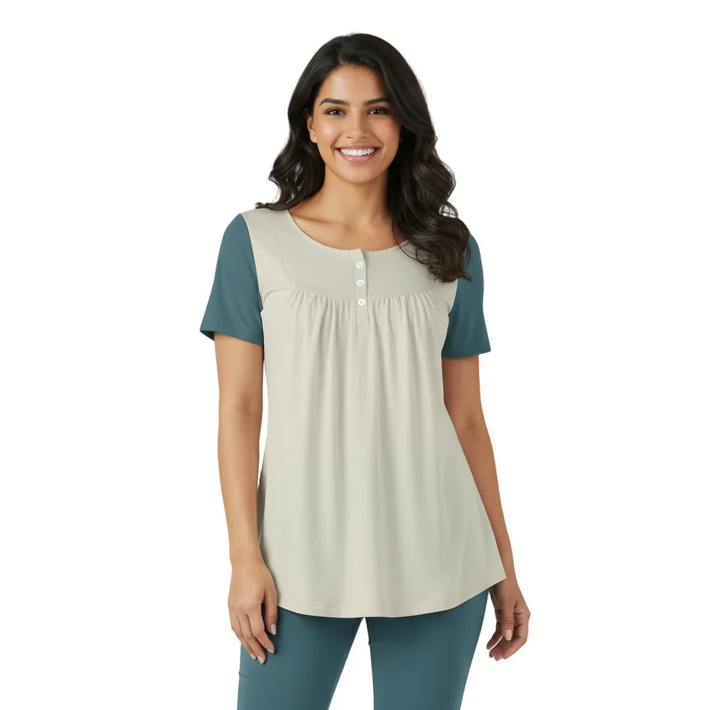 Women's light green beige and teal colorblock short sleeve button-down top, A-line silhouette, casual style - Blissfully Brand