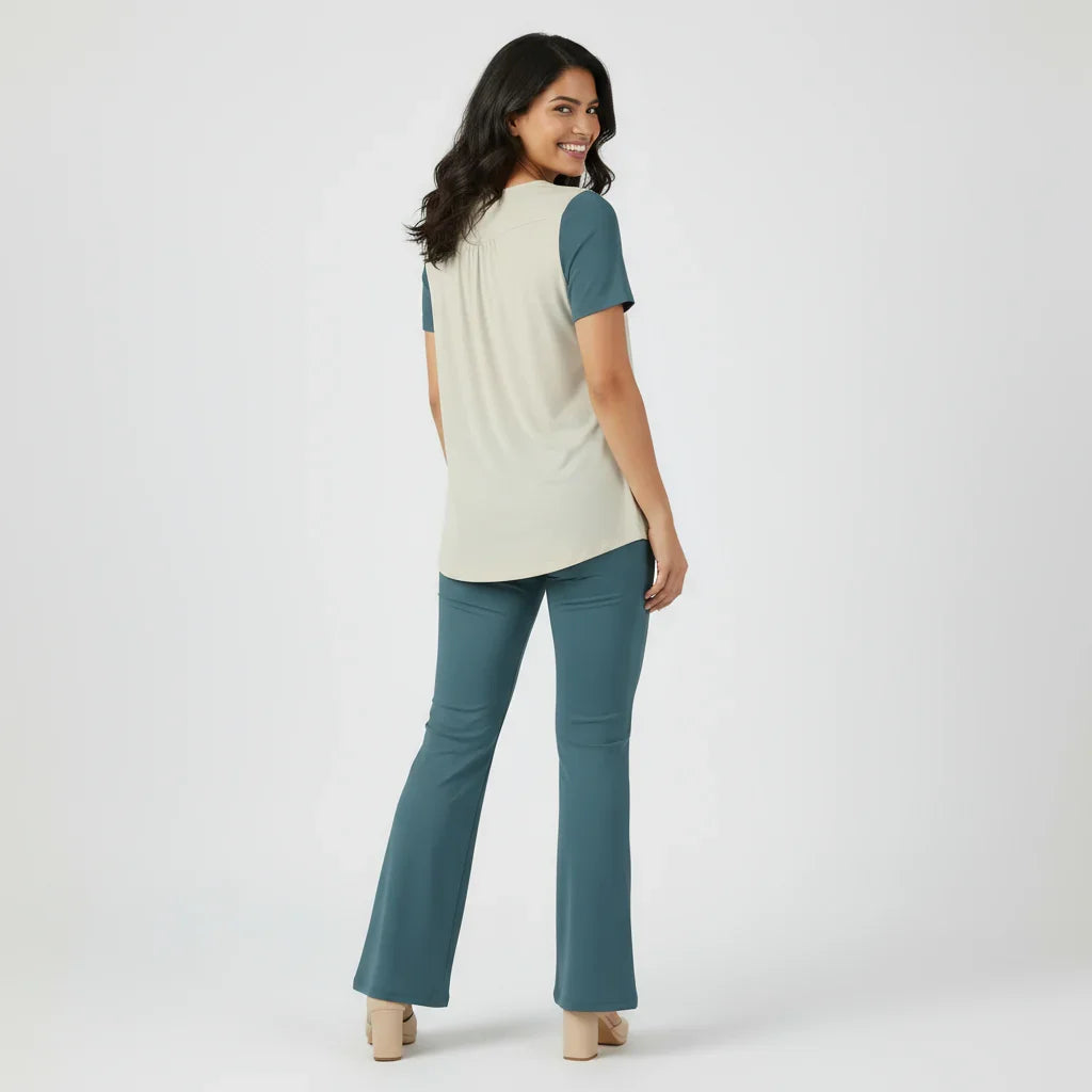 Kalei Two-Tone Scoop Neck Tunic Top with Button Detail