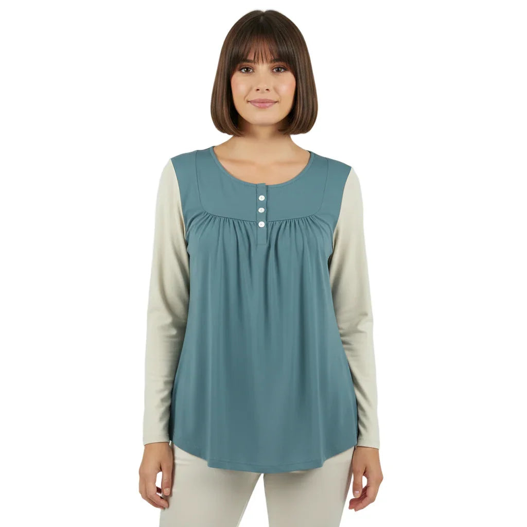 Blue Teal and light green color-blocked women's Kalei long-sleeve top with button detail.  Two-Tone Solid - Blissfully Brand