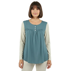Blue Teal and light green color-blocked women's Kalei long-sleeve top with button detail.  Two-Tone Solid - Blissfully Brand