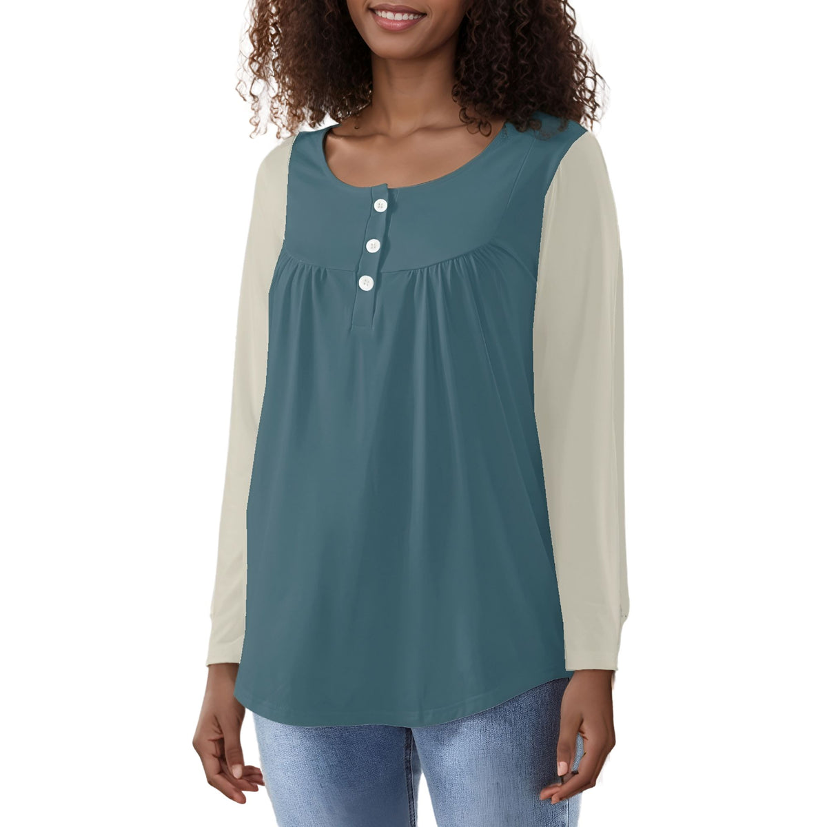 Blue Teal and light green color-blocked women's Kalei long-sleeve top with button detail.  Two-Tone Solid - Blissfully Brand