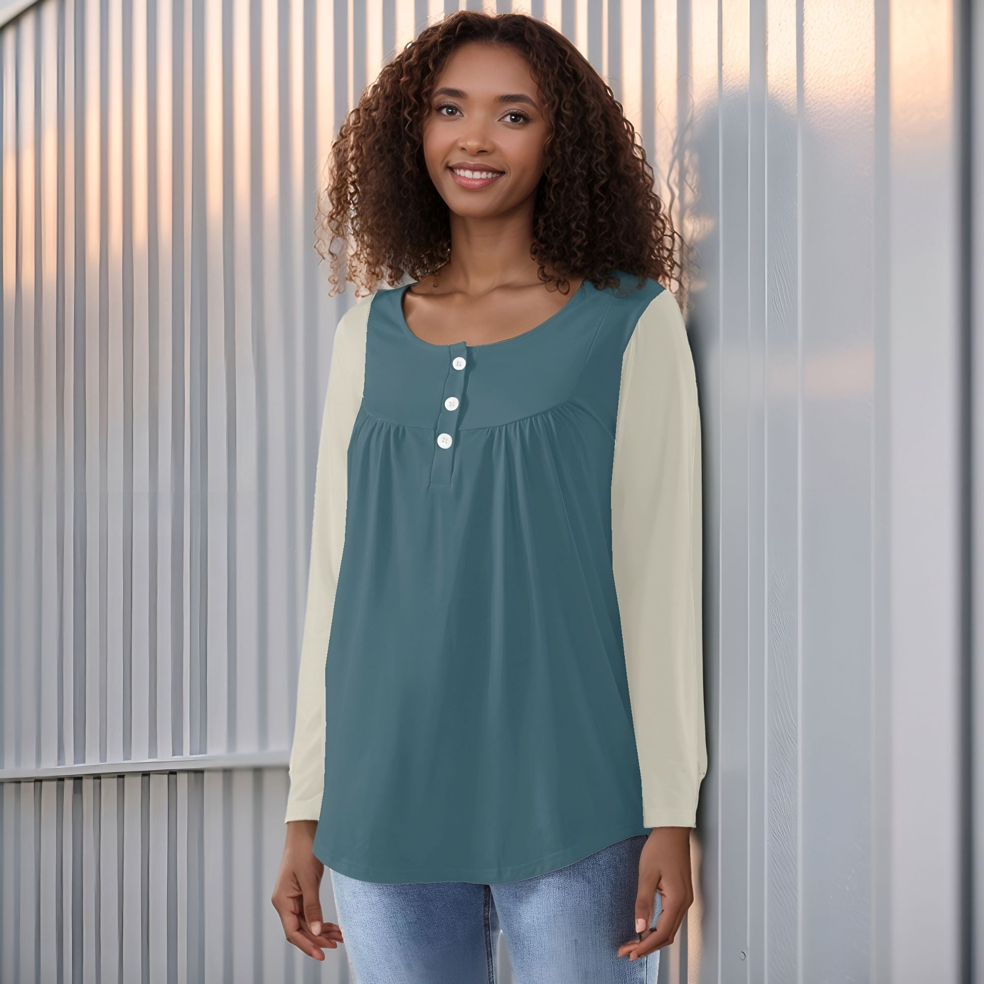 Blue Teal and light green color-block women's Kalei long-sleeve top with button detail.  Two-Tone Solid - Blissfully Brand