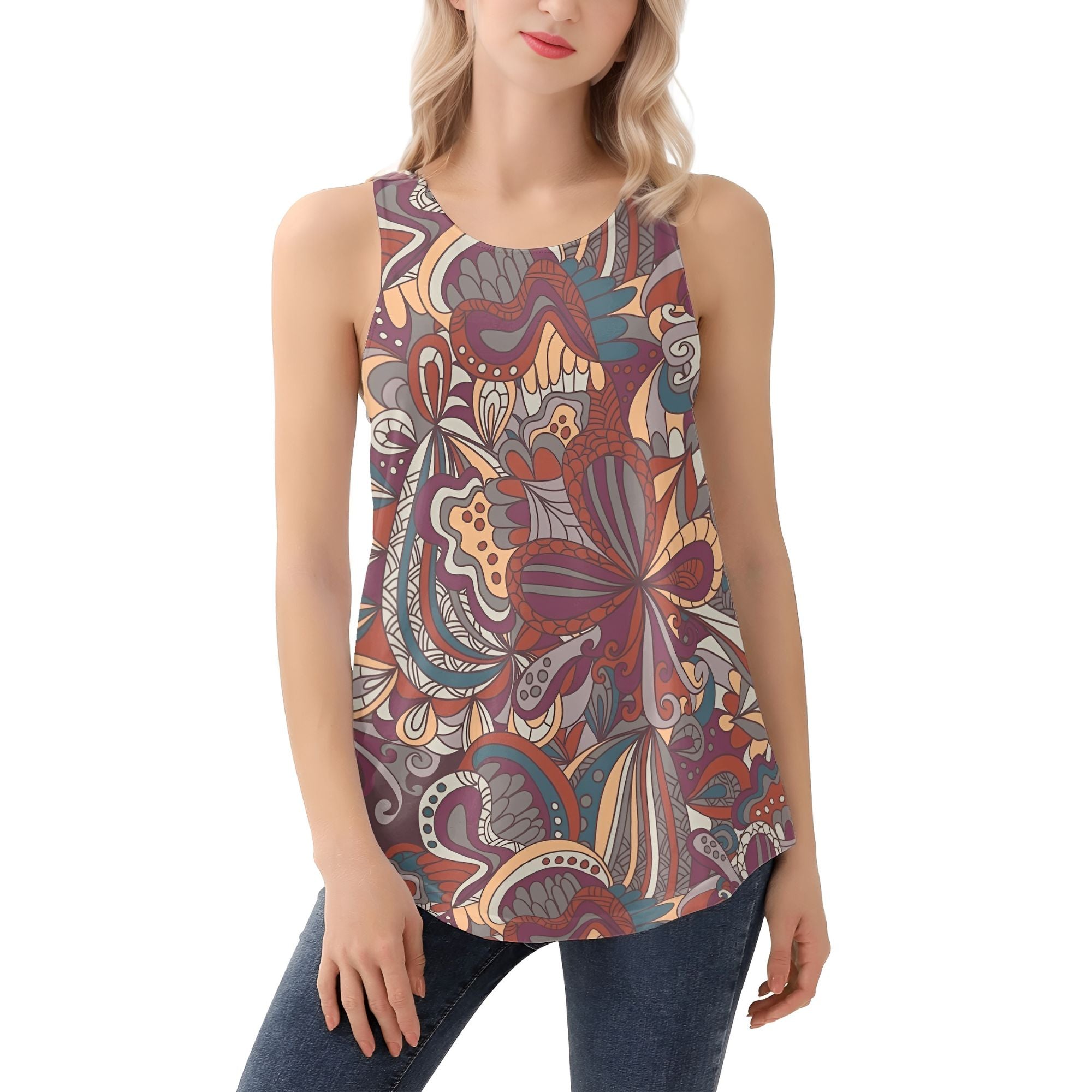 stylish brown and beige boho paisley floral racerback tank top. The tank features a vibrant all-over print, perfect for yoga, workouts, or everyday wear - Blissfully Brand