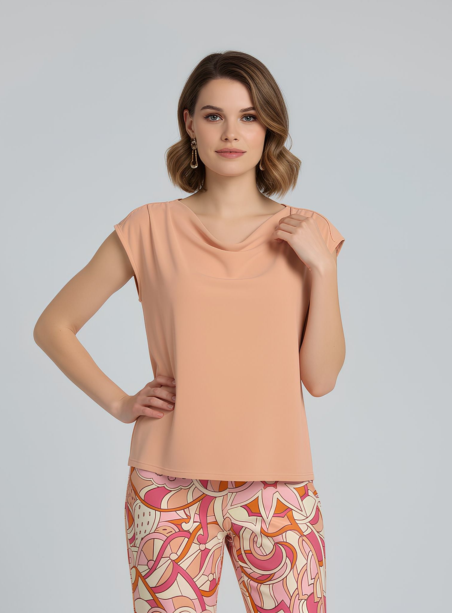 Wax orange draped cowl neck top cap sleeve Keki Solid Series – loose fit ITY knit blouse Montreal made styled with Keki print palazzo pants - Profonde by Blissfully Brand