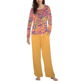 Women's bohemian paisley print pajama set with long sleeves and matching pants, featuring a vibrant yellow and pink pattern