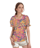 Vibrant multicolor abstract floral top with puffed sleeves for women