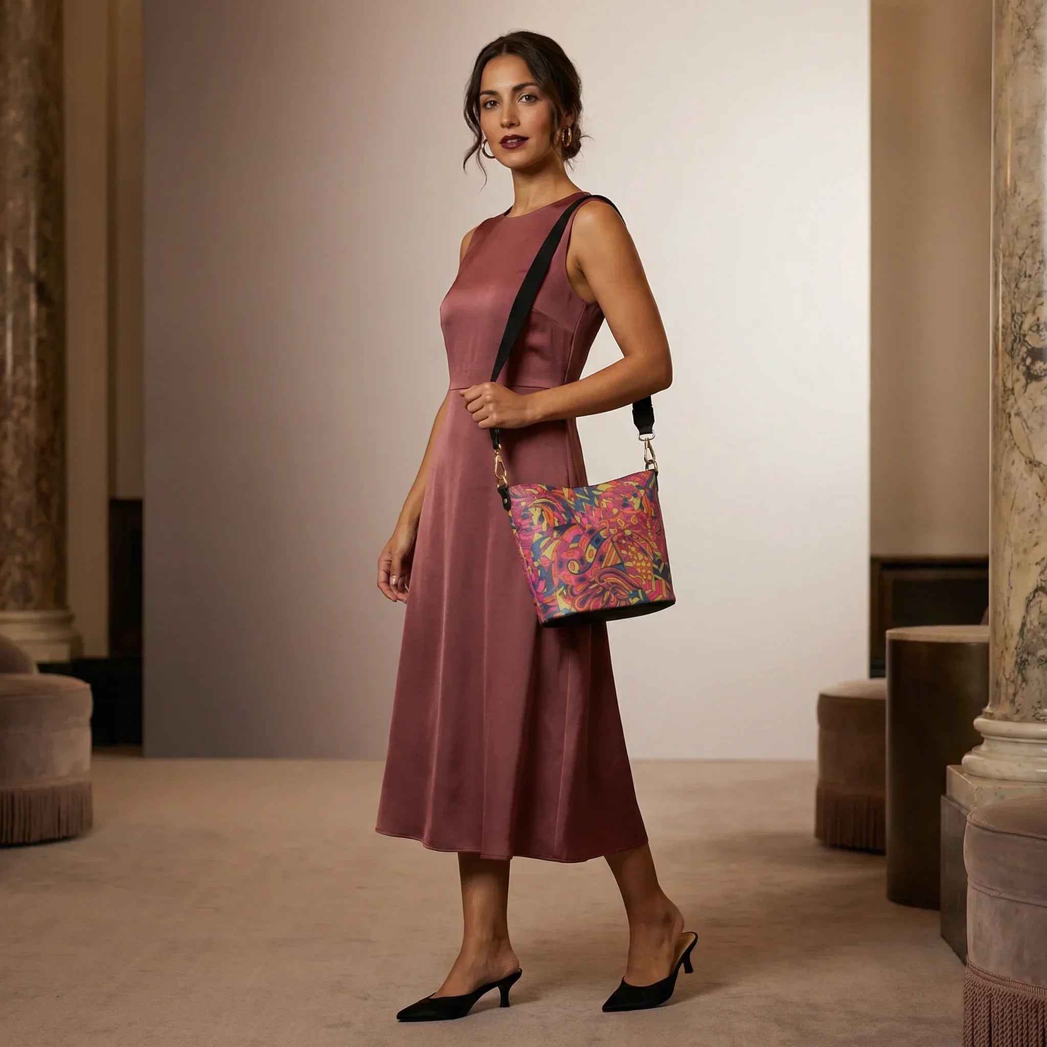 Lina Print Leather Bucket Bag in hot pink, chartreuse, orange, and indigo psychedelic print — handmade full-grain Nappa leather crossbody tote from Blissfully Brand London Bliss Collection