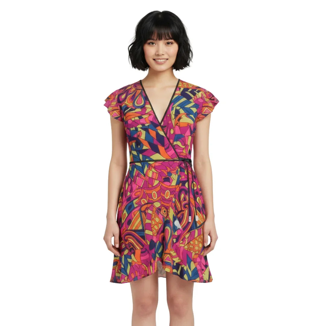 Lina Flounce Wrap Dress - Psychedelic Retro Pink Orange Green Abstract Multicolor Geometric Print - Tea Dress - Handmade in England
