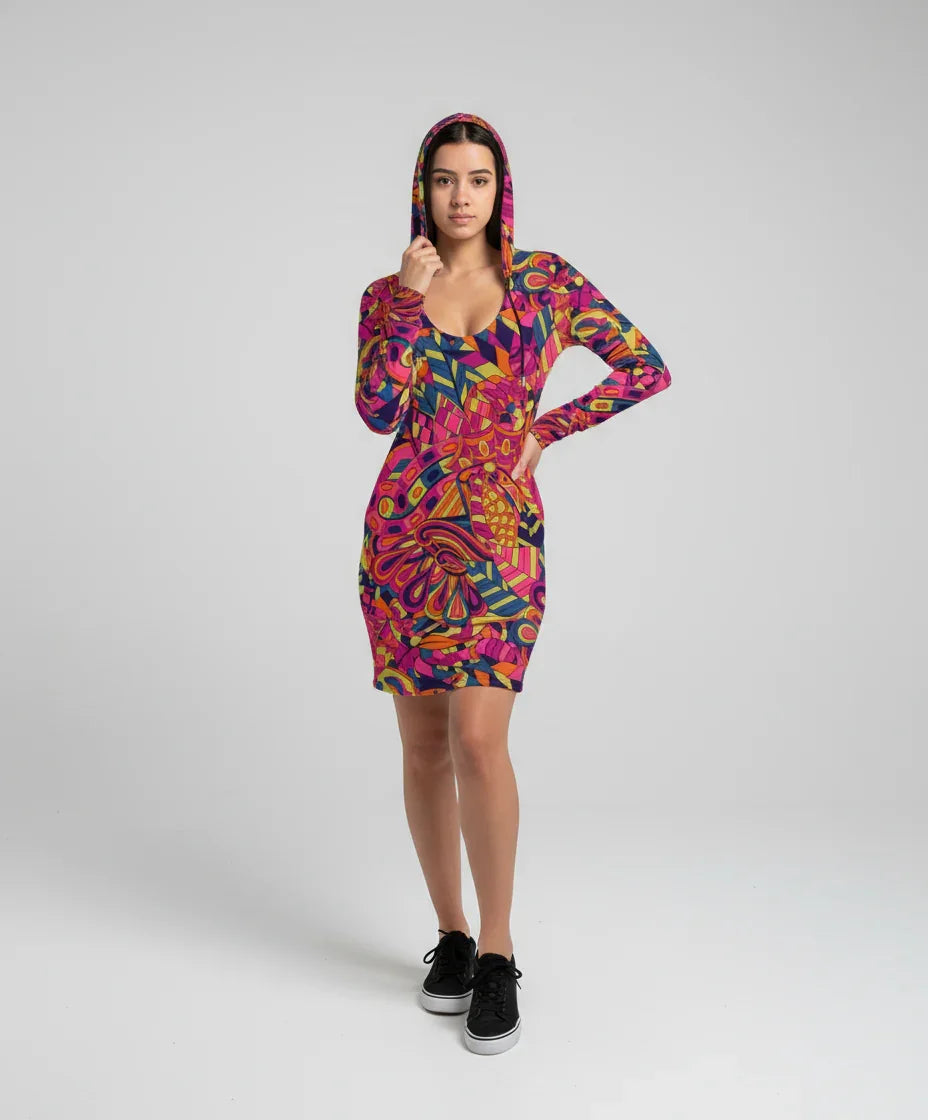 Lina Hoodie Pocket Dress - All Over Abstract Psychedelic Print
