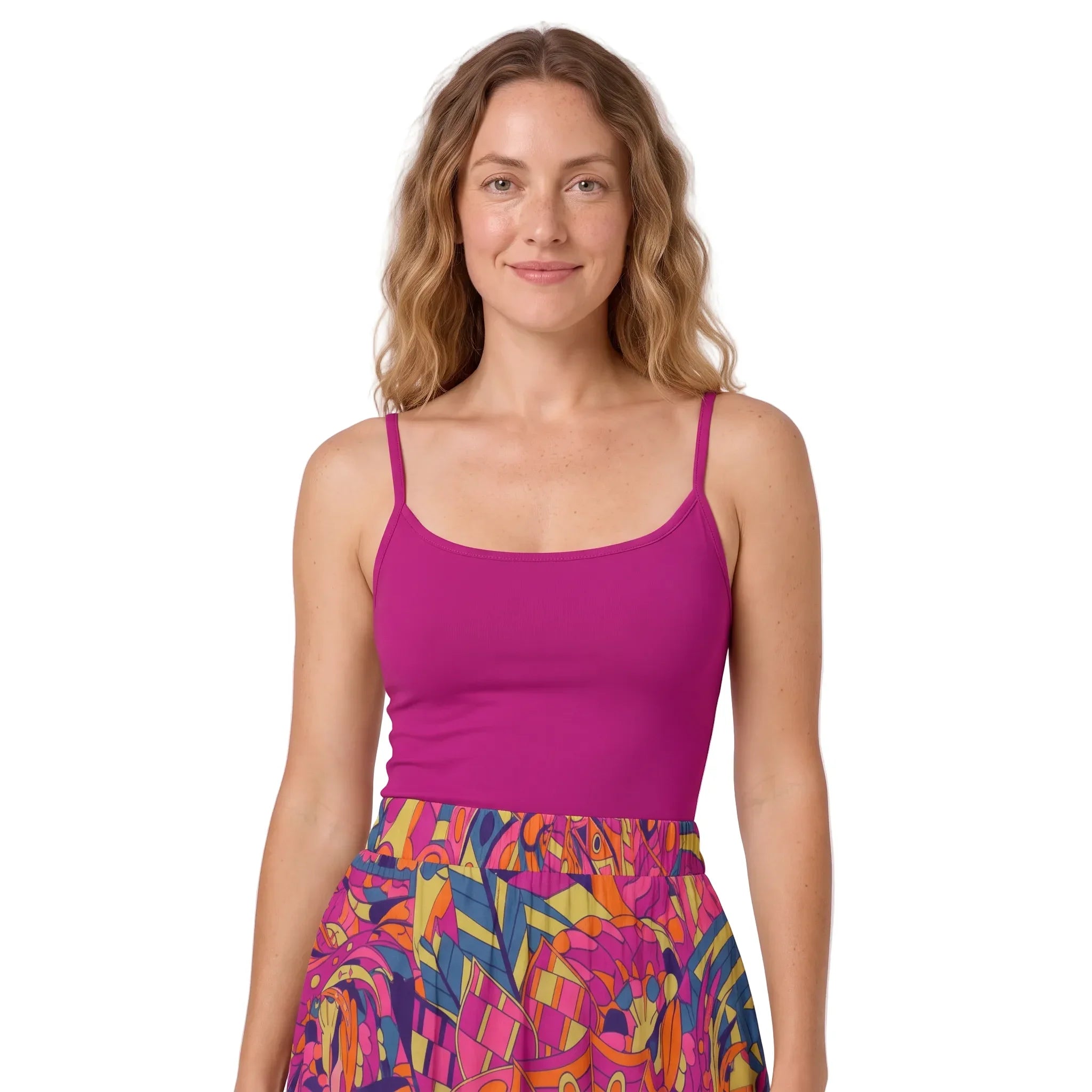 Red violet spaghetti strap fitted tank top in silky milk silk fabric paired with Lina Print ruffled tiered midi skirt by Blissfully Brand