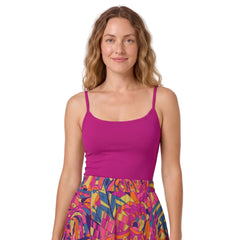 Red violet spaghetti strap fitted tank top in silky milk silk fabric paired with Lina Print ruffled tiered midi skirt by Blissfully Brand