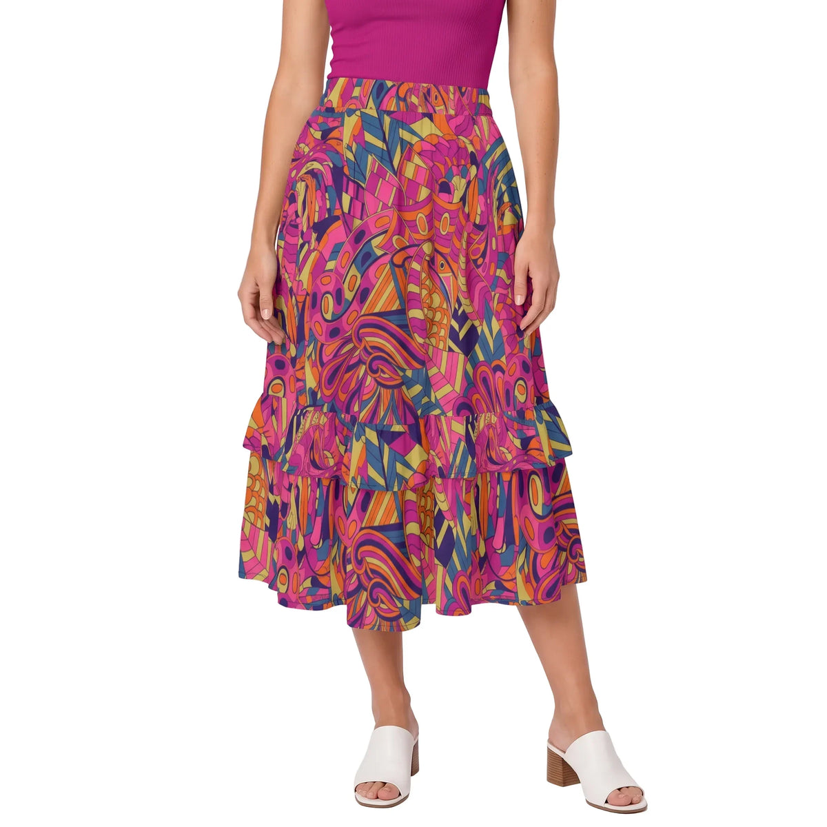 Lina Print tiered ruffle midi skirt for women with colorful abstract geometric swirl pattern and flowing lightweight drape, styled with red violet fitted spaghetti strap tank top. Bold and vibrant - Blissfully Brand