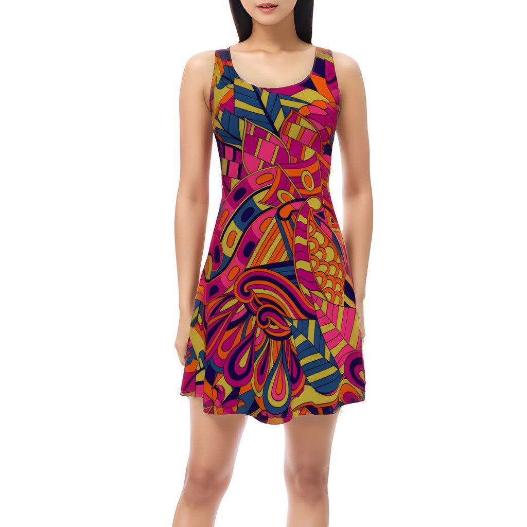 Lina Skater Flare Dress - Abstract Kaleidoscope Print Retro Bold Dark Funky Scales Swirls Made in England Mini Violet Red Pink Plus Size