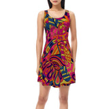 Lina Skater Flare Dress - Abstract Kaleidoscope Print Retro Bold Dark Funky Scales Swirls Made in England Mini Violet Red Pink Plus Size