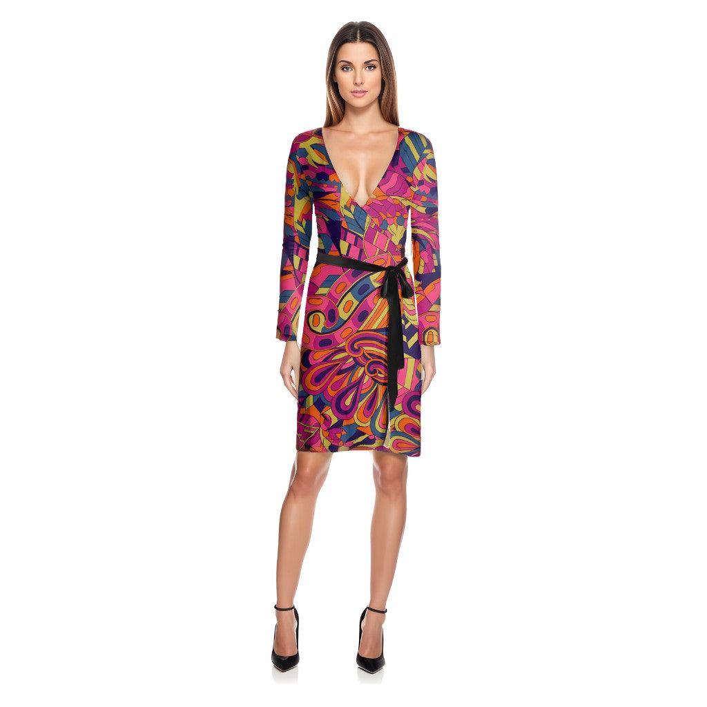 Lina Wrap Jersey Dress -  Abstract Kaleidoscope Print Dark Prink Blue Swirls Retro Bold Vibrant Funky Sinuous Lines Statement Piece Made in England Silky Jersey 