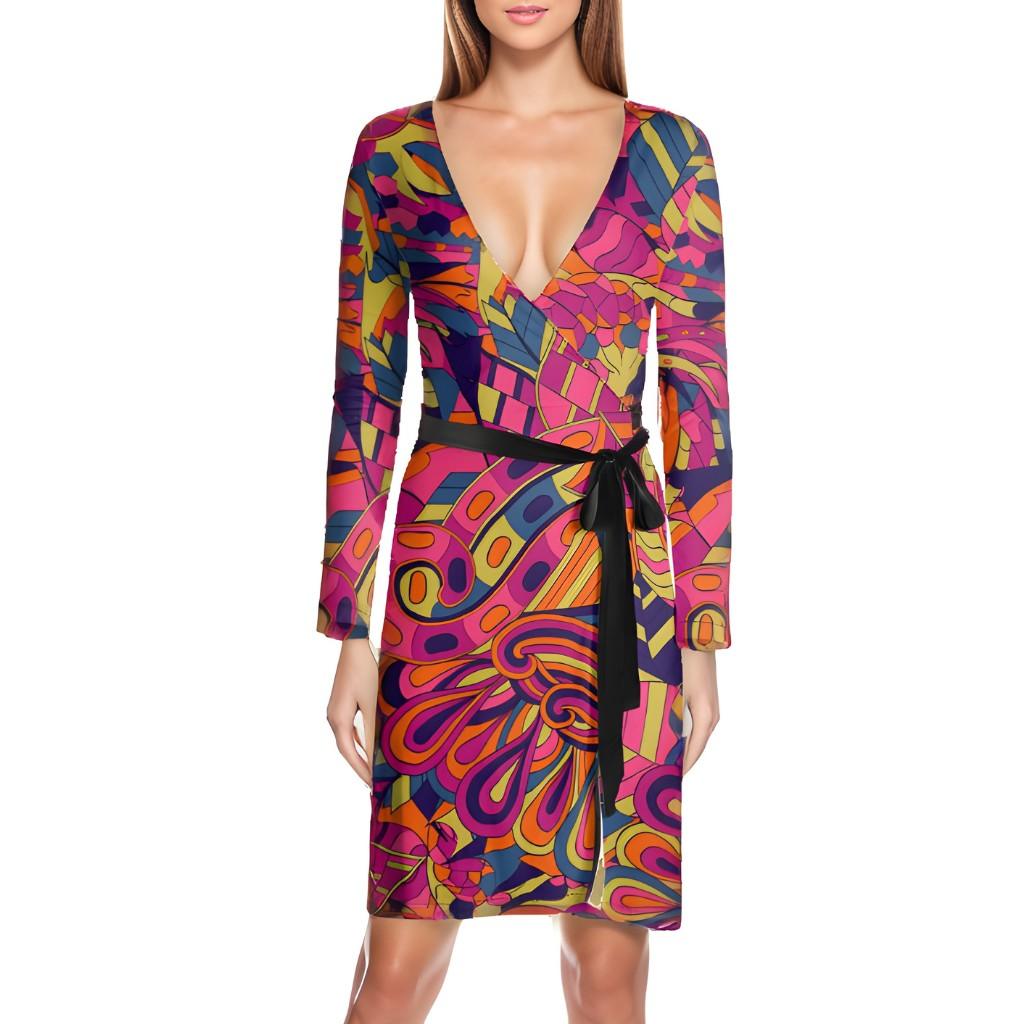 Lina Wrap Jersey Dress -  Abstract Kaleidoscope Print Dark Prink Blue Swirls Retro Bold Vibrant Funky Sinuous Lines Statement Piece Made in England Silky Jersey  