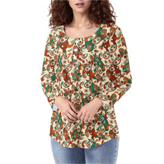 Lushka print top with retro paisley pattern in orange, teal, and cream, long sleeve relaxed fit with o-neck - Blissfully Brand Black Label