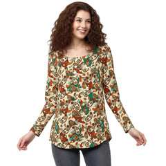 Lushka print top with retro paisley pattern in orange, teal, and cream, long sleeve relaxed fit with o-neck - Blissfully Brand Black Label