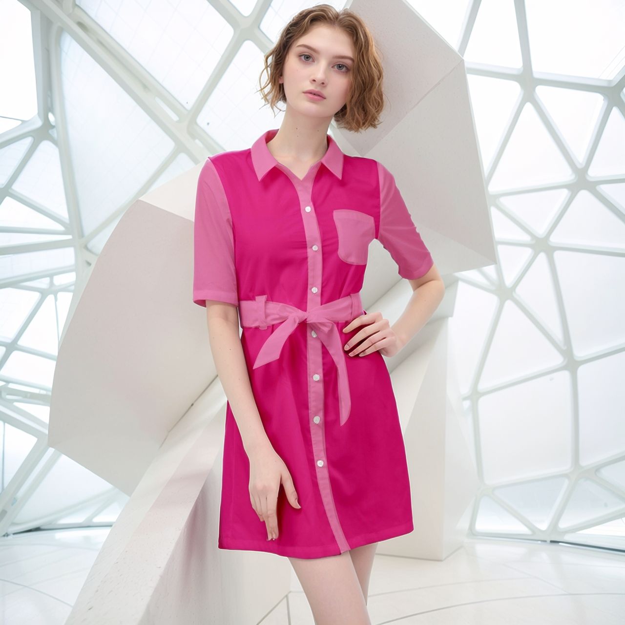 Bold Vibrant pink color-block shirt dress with button-front, elbow-length sleeves, and waist tie vibrant fuchsia and light pink tones in a knee-length design Blissfully Brand