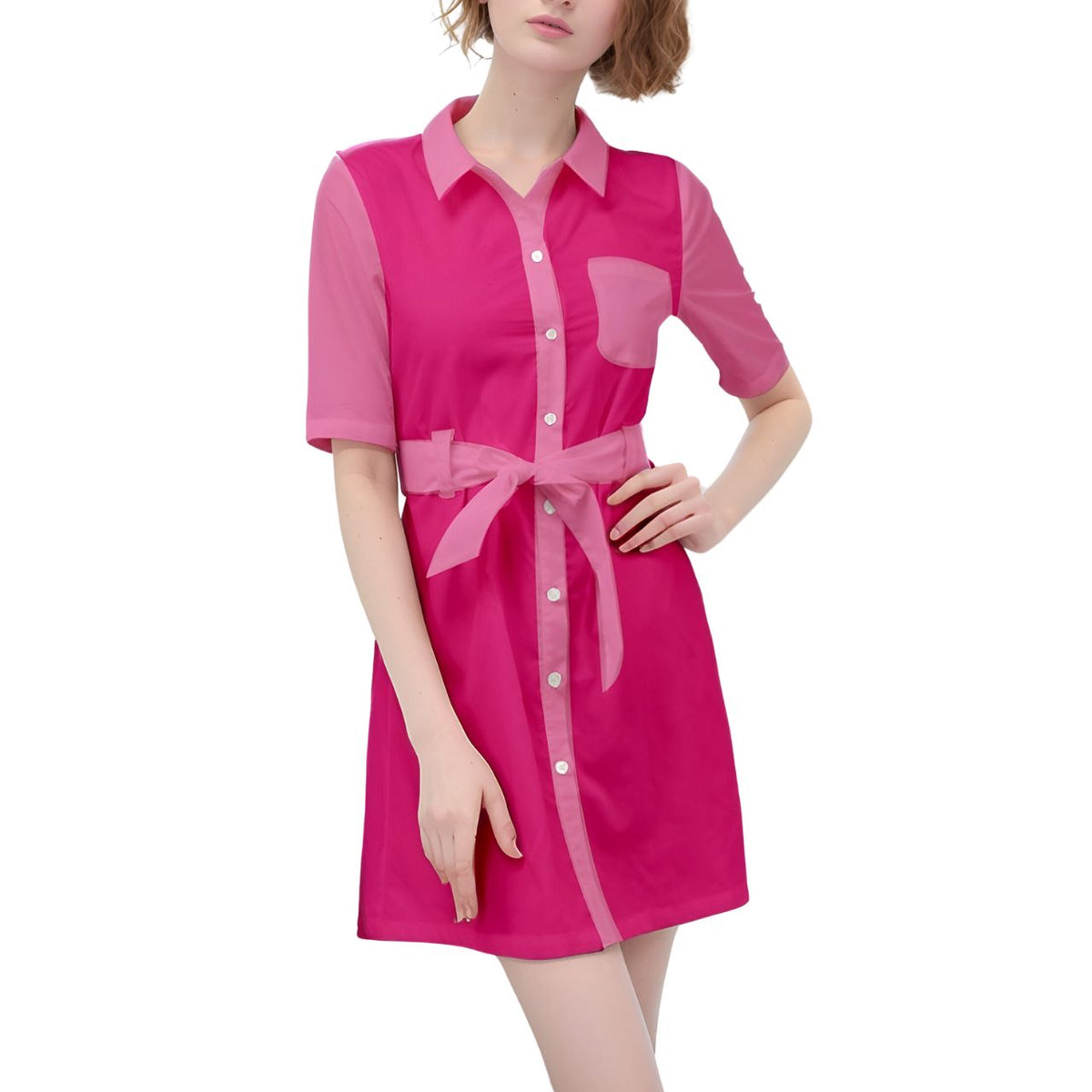 Stylish pink color-block shirt dress with button-front, elbow-length sleeves, and waist tie vibrant fuchsia and light pink tones in a knee-length design Blissfully Brand