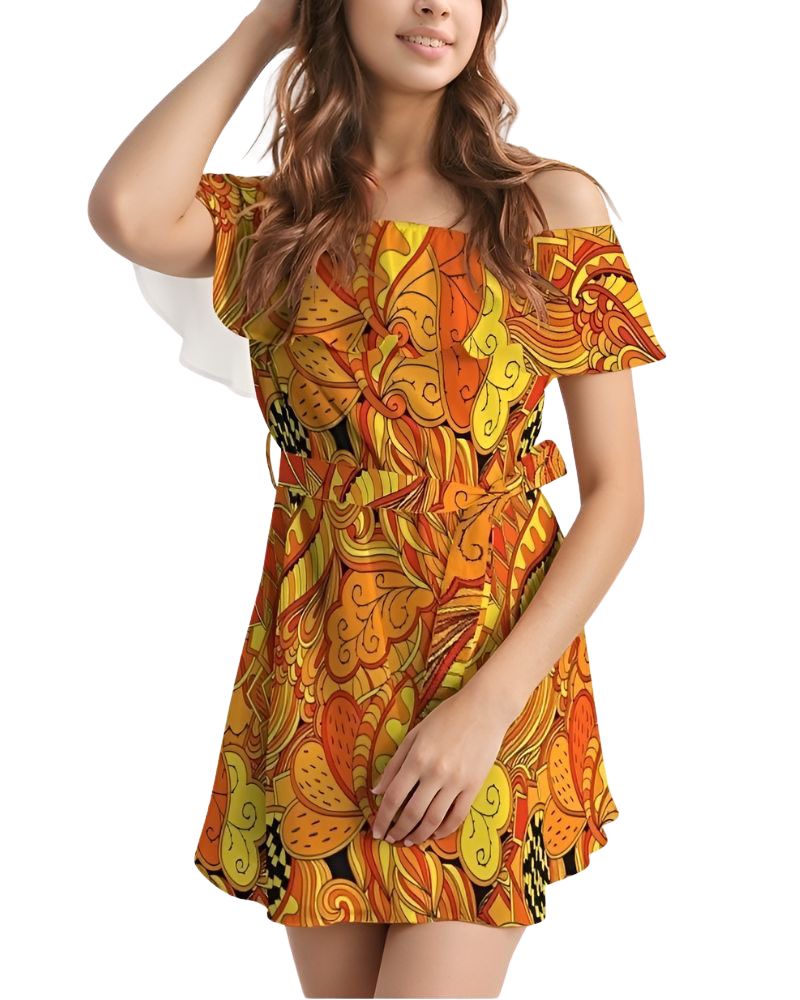Vibrant orange Mandra print off-shoulder ruffle mini dress with psychedelic floral geometric pattern and adjustable tie waist - Blissfully Brand
