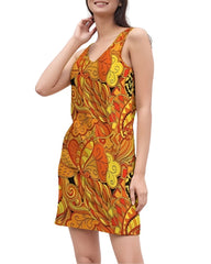 Vibrant orange and yellow Mandra print sleeveless mini dress with psychedelic floral pattern - Retro Vibes by Blissfully Brand
