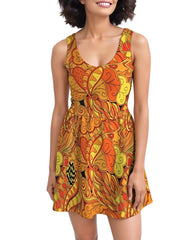 Retro Vibrant orange Mandra print skater dress with psychedelic patterns and flared skirt - Blissfully Brand