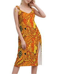 Vibrant orange psychedelic Mandra print midi dress with tie straps and side slit, showcasing retro floral pattern for women's summer fashion. - Blissfully Brand Black Label
