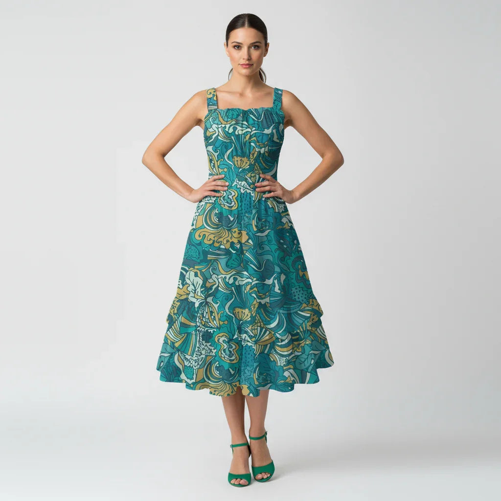 Masu Ruffle Hem Tiered Midi Dress