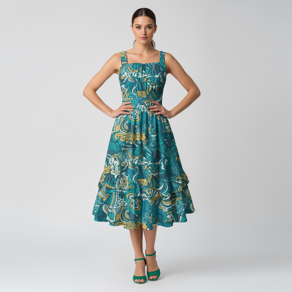 Masu Ruffle Hem Tiered Midi Dress