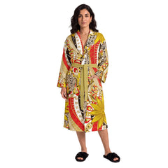 Woman wearing Merina print Art Deco Floral - lightweight flannel lounge robe with Tacha Yellow tie belt and front patch pockets - Blissfully Brand