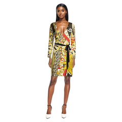 Merina Wrap Mini Dress - London Bliss Collection - Greek Key & Mehndi Style Print - Plus Size - Made in England - Swirls Retro Funky Wild Vibrant Bold
