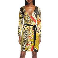 Merina Wrap Mini Dress - London Bliss Collection - Greek Key & Mehndi Style Print - Plus Size - Made in England - Swirls Retro Funky Wild Vibrant Bold