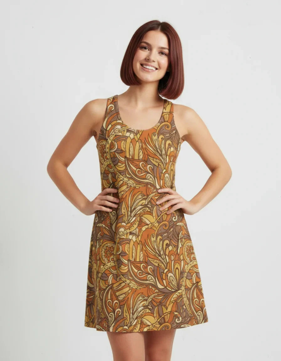 Miarna racerback mini dress- abstract paisley floral earthy tones, retro, orange brown summer dress. Blissfully Brand