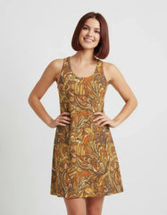 Miarna racerback mini dress- abstract paisley floral earthy tones, retro, orange brown summer dress. Blissfully Brand