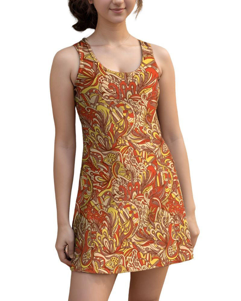 Retro-inspired  psychedelic sleeveless mini racerback dress with vibrant orange, yellow, and red floral print pattern, perfect for summer fashion and casual wear