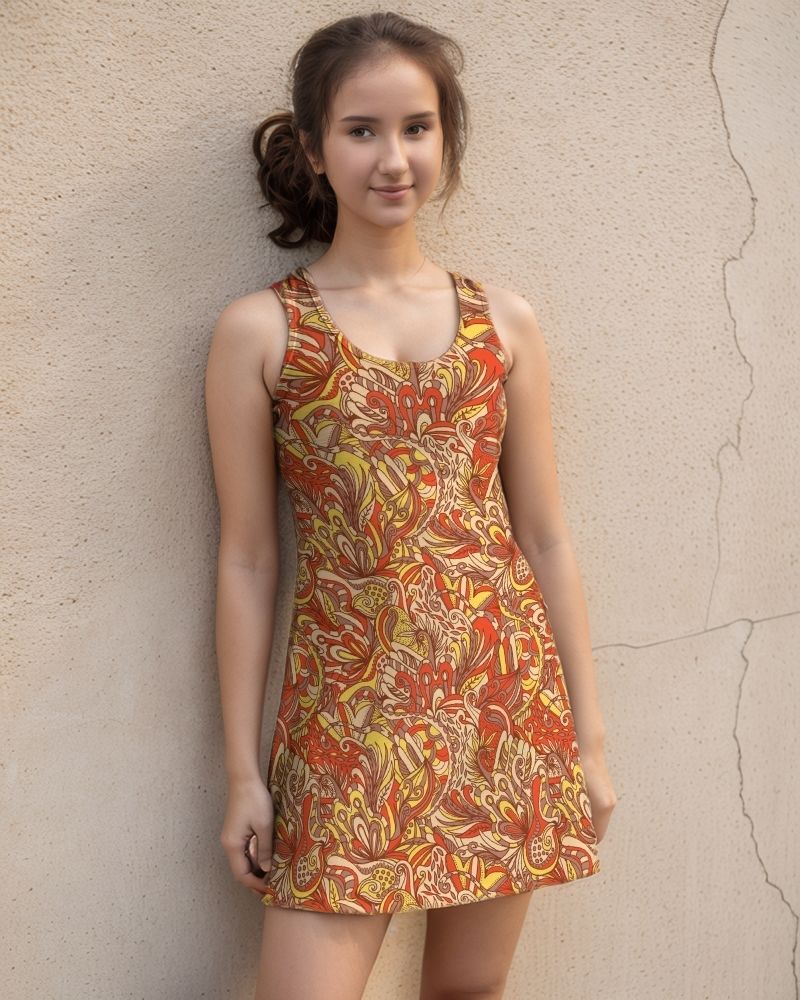 Retro-inspired sleeveless mini racerback  dress with vibrant orange, yellow, and red floral print pattern, perfect for summer fashion and casual wear