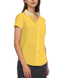 bright yellow short-sleeved button-up shirt with cream collar women's blissfully brand