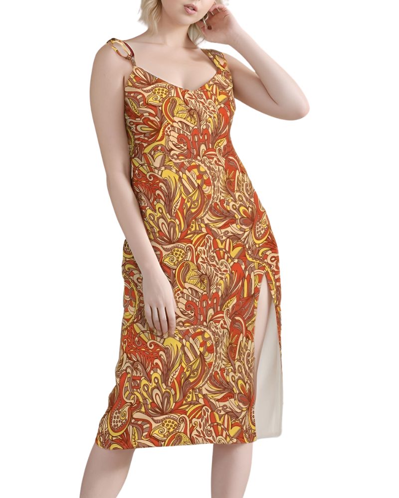  midi dress with a vibrant, psychedelic print featuring swirling patterns in shades of red, yellow, and brown. The dress has a V-neckline, spaghetti tie straps, and a leg-baring side slit. Blissfully Brand