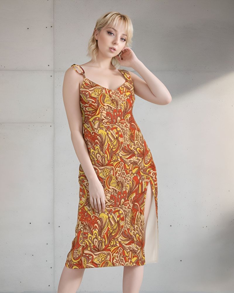  midi dress with a vibrant, psychedelic print featuring swirling patterns in shades of red, yellow, and brown. Summer dress with a V-neckline, spaghetti tie straps, and a leg-baring side slit. Blissfully Brand