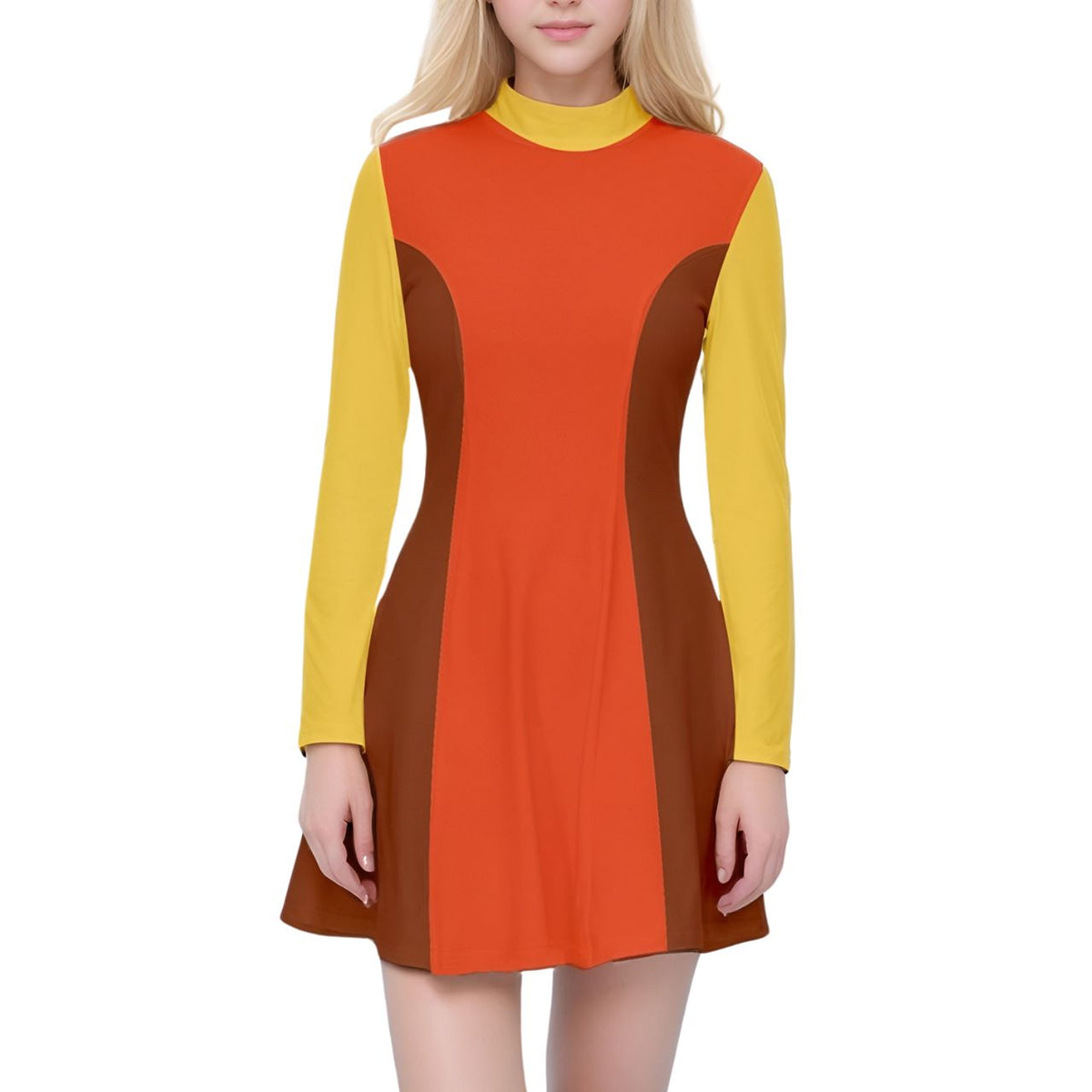 Color-blocked orange, brown, and yellow lightweight longline flare velour dress perfect for stylish comfort, retro look vibes by Blissfully Brand