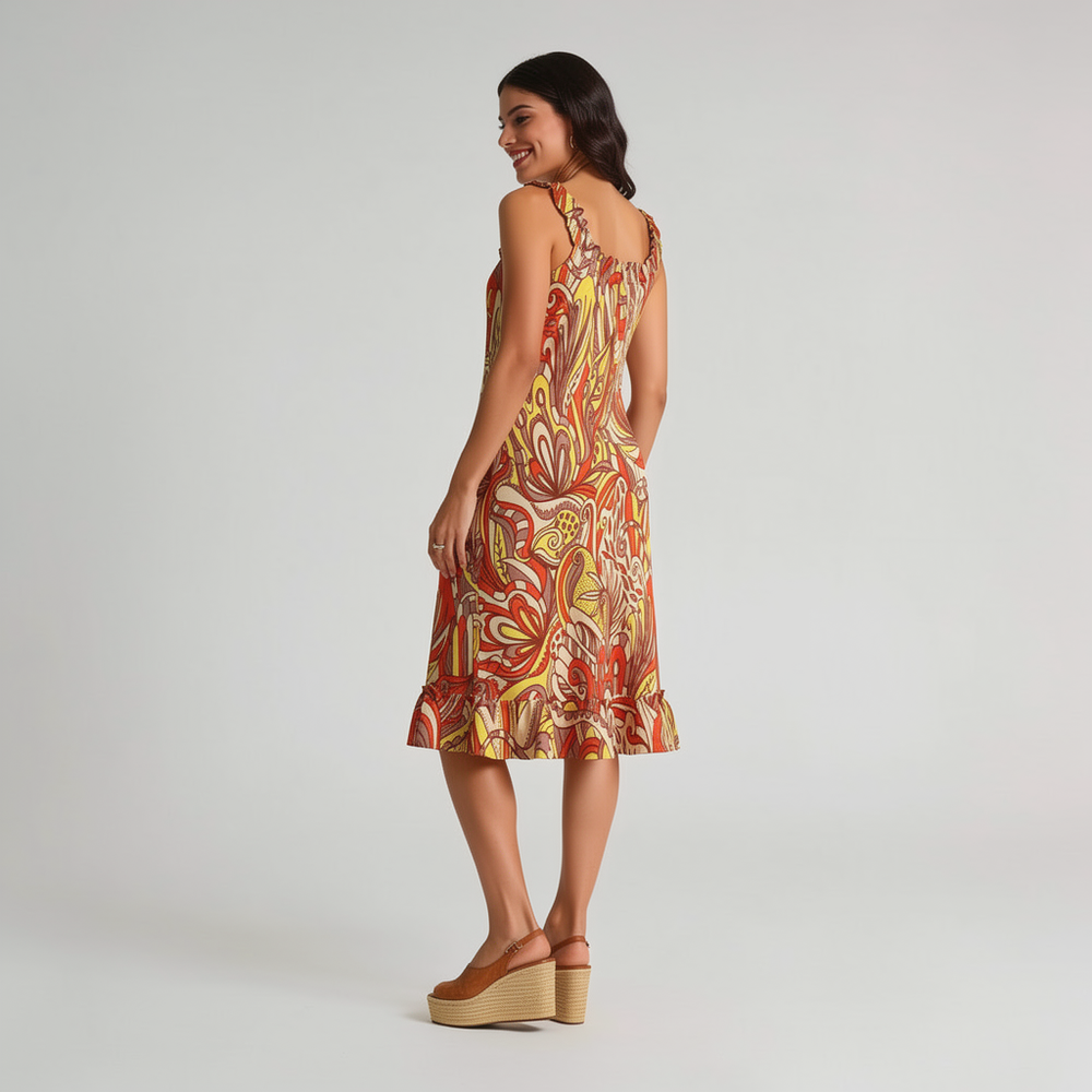 Back view of Miarna print dress showing ruffled neckline, spaghetti straps, and ruffle hem with retro floral print - Blissfully Brand relaxed fit dress