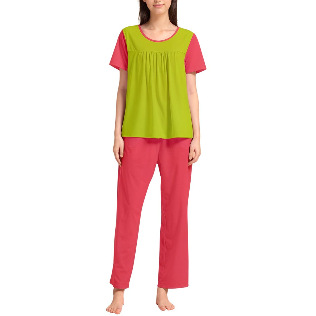 Midori Series 2-Piece Lounge Set – Vibrant Green and Red Pink Relaxed Fit Loungewear for Women - Color block Two Tone Contrast - Blissfully Brand