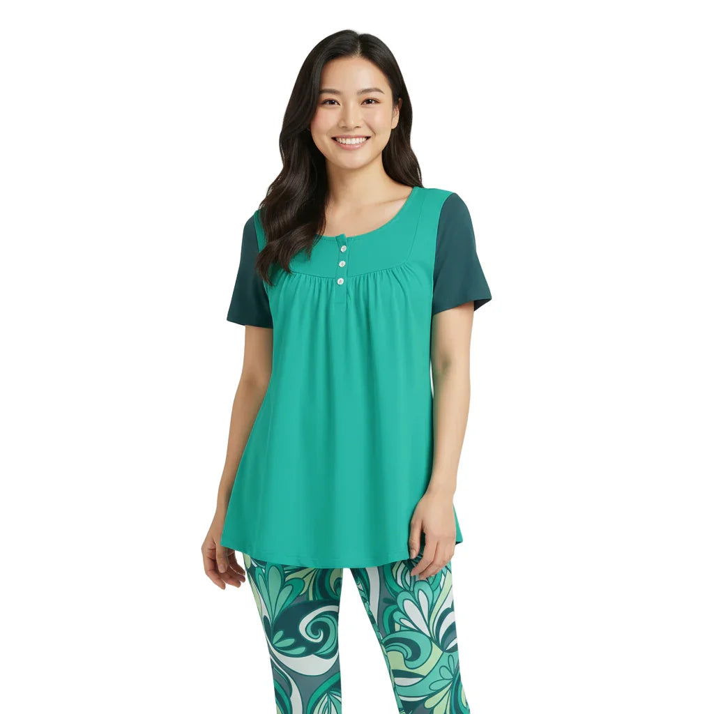 Women's Green Teal Button-Detail Scoop Neck Blouse - Flattering Gathered Color Block Top for Casual wear - Blissfully Brand
